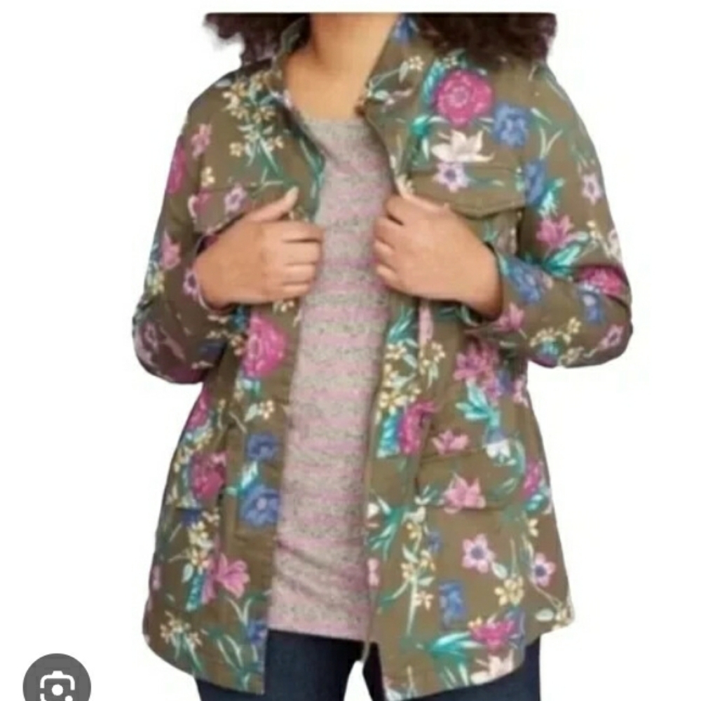 Lane Bryant Floral Jean Jacket Green Pink Cinched Waist Casual Denim 22/24